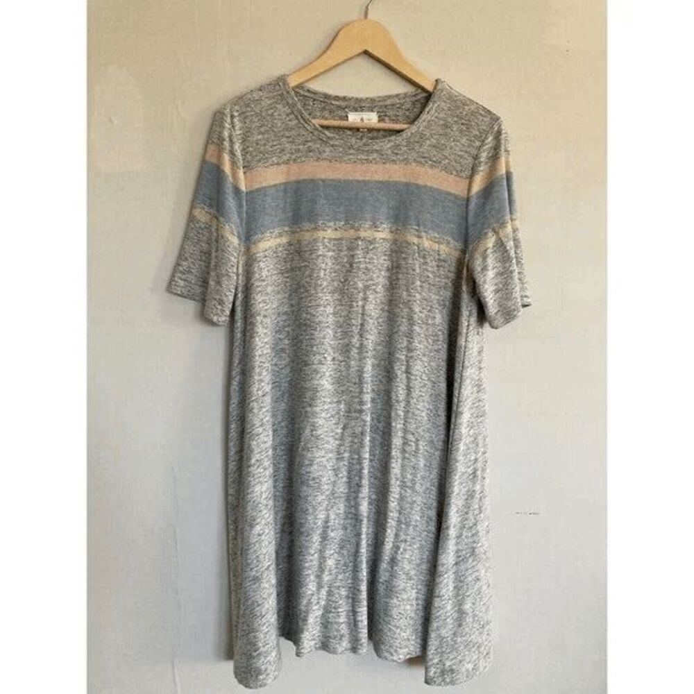 Lou & Grey Short Sleeve Dress A-Line Stripe Pastel Gray LARGE